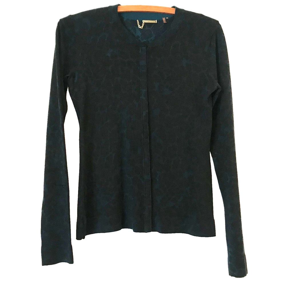 Elie Tahari Cardigan Sweater Moss Green Leopard Merino Wool Lightweight xs